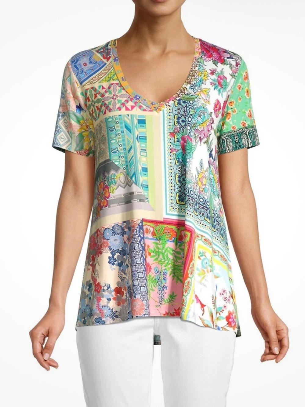 JOHNNY WAS Anika Patchwork Floral V-Neck Swing Tee Sze Medium